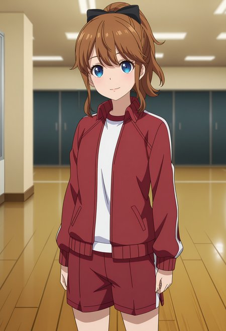 anime screencap, masterpiece, best quality,
<lora:Mamahaha_AkatsukiMinami_IlluXL:0.9>,
1girl, solo, closed mouth, light smile,
high ponytail, brown hair, blue eyes, hair bow, black bow,
track jacket, red jacket, white shirt, track shorts, red shorts,
streching, looking at viewer, cowboy shot,
indoors, gym, wooden floor, blurry background