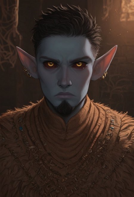 solo, short pointy ears, piercings, random elf face, aquiline features, male dark elf, masculine, long beard, weathered skin, large nose, athletic build,  animated realism, zoomed out, Syrian features, torso, brass pipes and gears, intricate architecture, dwarven masonry, dwemer fixtures, white-green light, gloomy lighting, ancient ruins, interior, stone tiled floor, grey-blue skin, mahogany and ivory clothes, medium armor, bone plate armor, ivory straps and fittings, alien bone ornaments, grey wood neckguard, dark red sclera, black pupils, distant mushroom forest, blue-green light, neon, highly detailed, defined features, looking at viewer, three quarters view, from front, dynamic lighting, 56 years old, light and shadows, patterned cloth, annoyed expression, expressive eyes, detailed medieval clothes, short hair, wavy hair, thick hair, beaded hair, braided hair, under cut hair, semirealistic, alien elf, spanish features, jewish features, black hair, dark red hair, umber skin, sharp features, pastel green berber print cloak, nighttime, high detail, absurdres, pretty eyes, detailed eyes, yellow eyes,