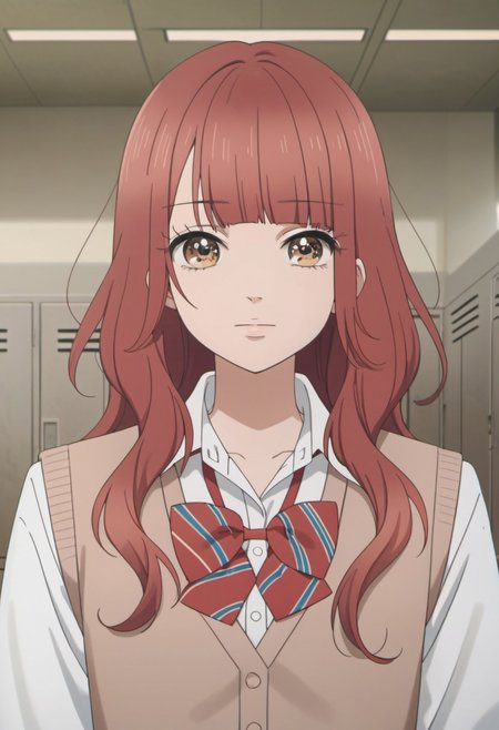 score_9, score_8_up, score_7_up, source_anime, kanno serina, red hair, long hair, brown eyes, 1girl, solo, locker, school uniform, bow, looking at viewer, shirt, indoors, upper body, bowtie, white shirt, vest, collared shirt, blunt bangs