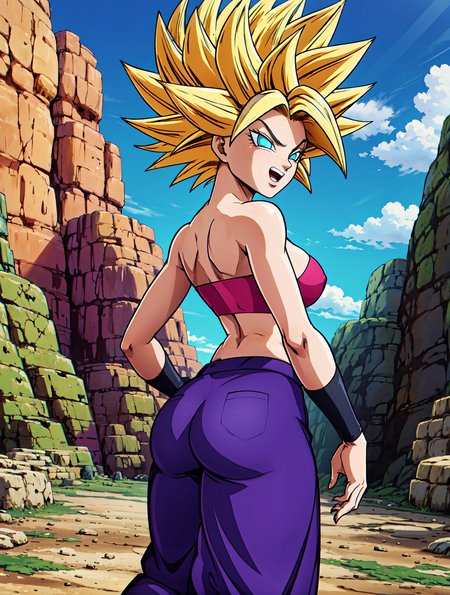 masterpiece,best quality,extreme detail,8k,looking back, ass focus,  sano-br style, cowboy shot, caulifla, blonde hair, spiked hair, aqua eyes, collarbone, tube top, baggy pants, kick,  cleavage, outdoors, rocks
<lora:Caulifla:0.7>   <lora:sano-br:0.5>
