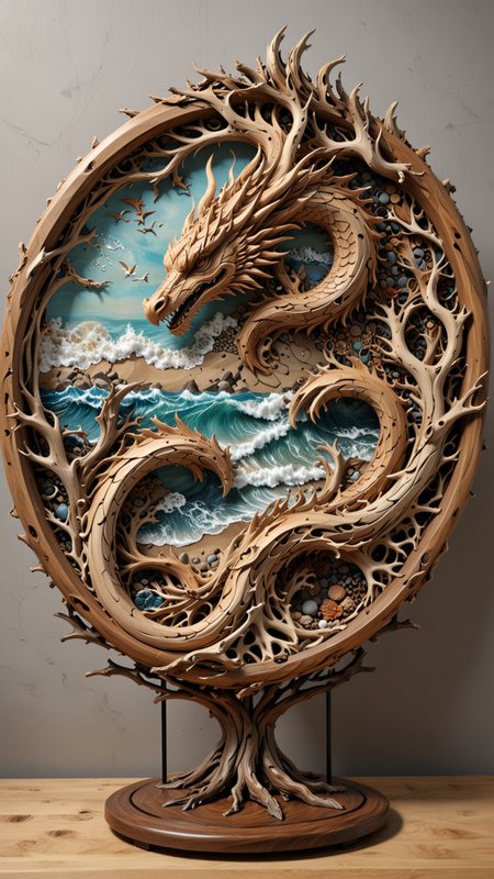 round plate on a display stand, hand Carved, 3D Seascape, abstract art, Carving,  EPIC, <lora:3D_Framed_Wall_Art_-_By_DICE:0.4>, (3D Framed, Plate), UHD,  <lora:Driftwood_Detailed_Art_-_By_DICE:0.8> , driftwood dragon