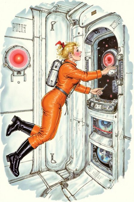 d0sn Illustration. Overhead sideview of a blonde woman dressed in a orange spacesuit and heavy boots, is carefully re-enacting the iconic scene from 2001: A Space Odyssey where David Bowman deactivates HAL 9000. Floating weightless on one side of a vast empty spacecraft, she methodically removes the components of the HAL 9000 interface, one piece at a time. The setting is tense and sterile, with bright lighting reflecting off the white sterile surfaces, capturing the eerie, unsettling atmosphere of the original scene. The red glow of HAL's eye slowly fades as the scene unfolds, highlighting the dramatic tension between human and machine  <lora:d0sn_illus1_fl_d6a3:1.0><lora:803605758802482258:0>