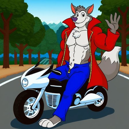 chip the wolf, bara, red coat, unbuttoned coat, red coat, bare chested, chest muscles, yellow zipper, blue jeans, barefoot, muscular, thick arm muscles, clear blue skies, trees, rocky moutain road, visable chest hair, waving at viewer, riding a motor bike, long tail, bushy wolf tail