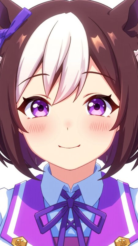 specialweek, close up portrait, straight-on, 1girl, purple eyes, short hair, streaked bang, smile, purple ribbon,