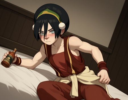 score_9, score_8_up, score_7_up, source_anime, <lora:toph-beifong-book2book3-ponyxl-lora-nochekaiser:1>, toph beifong, black hair, hairband, blind, grey eyes, hair between eyes, short hair,, shirt, sleeveless, red shirt, collarbone, bare shoulders, red pants, clothes around waist, gold hairband,, indoors, bed, bed room, on side, blush, drunk, looking at viewer, solo,, cowboy shot, dutch angle
