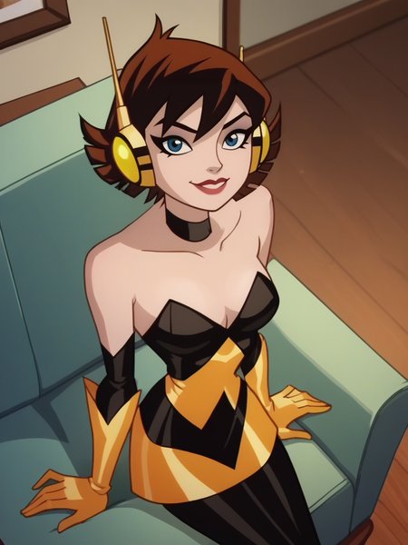 score_9, score_8_up, score_7_up, source_cartoon, 1girl sitting on couch, sexy, dynamic pose, smile, cute pose, solo, detailed background, looking at viewer, wide shot, from above, cowboy shot, living room, 
 <lora:JanetVanDyne_character:1>,JanetXLP, brown hair, short hair, makeup, elbow gloves, choker, bare shoulders, headphones, pantyhose, dress,  lipstick, screencap, flat color,