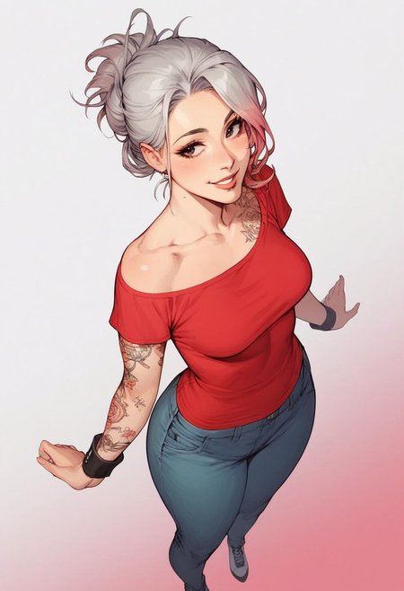 score_9, score_8_up, score_7_up, score_6_up, 1girl,  shoulders length hair, straight hair, platinum hair, (pink) gradient hair, dark eyes, cute face, meduum breasts, curvy, large hips, pale skin, red t-shirt, denim lants, posing, pinup pose, white background,  aesthetic, high angle view, standing up, face closeup, little wrist tattoo, dutch angle, smiling