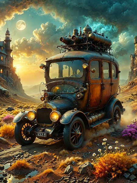 Professional photography. 

A steampunk car.

warm hues. warm tones.

<lora:OMG-Is-DucHaiten_v1.0:1.0>
<lora:sdxl_lora_beksinski-000018:0.05> digital artwork by Beksinski 
<lora:The_Dark_Side_of_the_Earth:0.2>
<lora:DonMP4ste11F41ryT4l3XL-000008:0.4> DonMP4ste11F41ryT4l3XL 