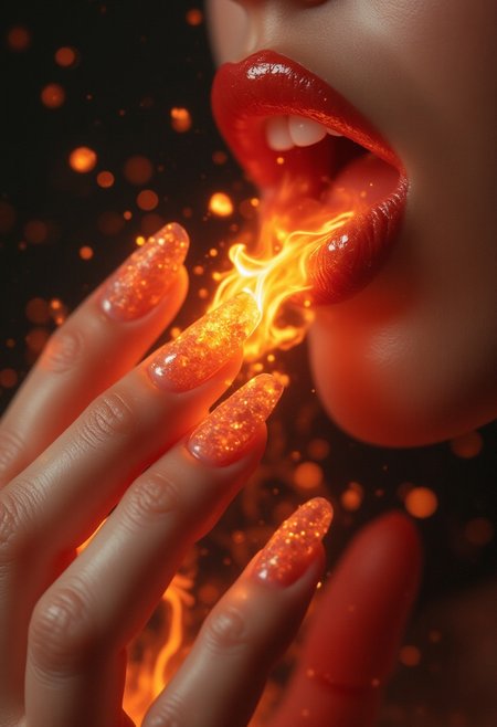 woman luxury nail art, fire inside, ultra hd, hyperrealism, flame decay effect, quantum render, masterpiece, waves, realistic graphics, ultra realistic, professional photo