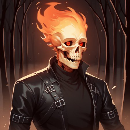(((detailed, beautiful, high quality))), upper Body, score_9, score_8_up, score_7_up,
skeleton, glowing eyes, black sclera, FireHuman, orange fire, 
red eyes, male skeleton, white skull, fiery skull, black leather jacket, black T-shirt, dark background,
looking at the viewer, posing, snowy forest, blurred background, blurred fantasy background,