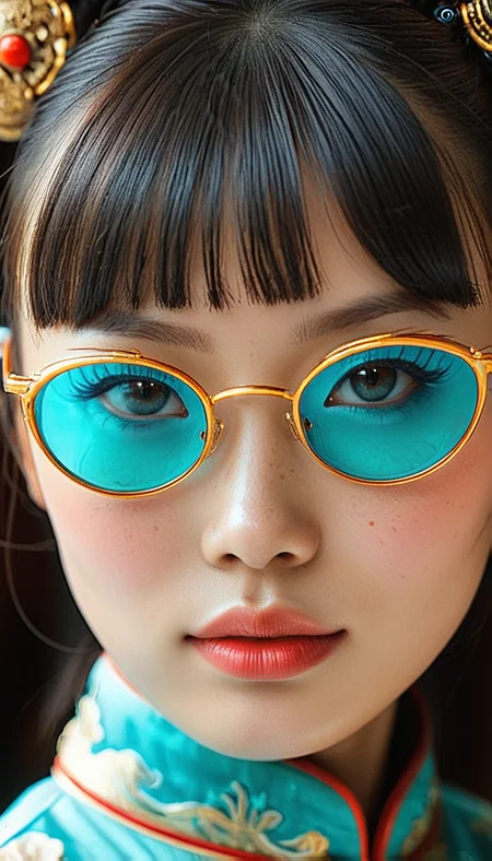 Close-up gorgeous chinese girl face , cute, (bangs:1.1), freckles, light tan, striking Turquoise large eyes, aligned eyes, mirror eyes, (half smile),
(wearing very detailed Venetian Mask:1.1), small tender chin, ginger hair,(double bun hair), round black glasses, Traditional Chinese Clothing,
BREAK,
very long lashes, trendy portrait,
tender Aesthetic nose, ears, puffy lips, sensual lips, detailed texture, detailed eyes, detailed skin, clean skin, Traditional Chinese Clothing,
<lora:Someplastic_b:1>, (ultra sharp focus:1.8), (detailed skin:1.8), (thin lines:1.8), (best quality:1.8),
<lora:Apparatus_-_Traction_City_Walkers_Vehicles:0.7>,
<lora:add-detail-xl:0.7> (ultra sharp focus:1.8), (detailed skin:1.8), (thin lines:1.8), (best quality:1.8),
<lora:glowneon_xl_v1:0.7>