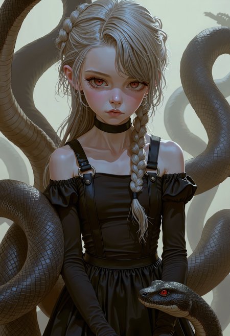 SWMS, young girl with flowing, silver-white hair intricately braided, her piercing red eyes partially obscured by loose strands. She wears a black, form-fitting military-style outfit with leather straps and intricate detailing. Surrounding her are large serpents, their scales glistening with a lifelike texture, eyes glowing a menacing red. Her hands, gloved in textured black leather, rest calmly at her sides. The atmosphere is tense, with soft, diffused light casting sharp, photorealistic shadows across her pale skin and the snakes coiled bodies. The background is a misty, abstract environment, enhancing her eerie and powerful presence. Every detail, from the weave of her braid to the fine scales of the serpents, is rendered with exquisite realism, making the scene vivid and lifelike., detailed drawing   <lora:FLUX - SWMSF - Styles for FLUX ( detailed drawing, swms ):1> <lora:FLUX - Surreal_Photo (Glitter):0.4>