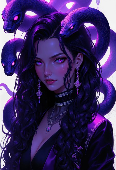 bo-snake, a oil paint on canvas of a world of mystical anime snake, dark fantasy,  A woman with cascading, dark, amethyst-hued hair, thick and lustrous, is encircled by three colossal, intricately detailed purple snakes. Their scales shimmer with a vibrant, almost neon, purple, transitioning to deeper, richer tones, like polished lapis lazuli. The snakes writhe and coil around her, their bodies a dynamic tapestry of color and form, their scales catching the light in a mesmerizing, almost otherworldly way. Her piercing, violet eyes reflect a contemplative, almost ethereal quality. A dark, almost black, velvety jacket, embroidered with delicate, iridescent beads, hugs her form. A delicate, beaded necklace dangles from her neck. Small, crescent-shaped earrings adorn her ears, and a subtle, heart-shaped motif, or a repeating stylized flower pattern, is barely visible, adding subtle touches of detail and personality. The background is a soft, diffused white, fading into a luminous, ethereal aura swirling around the woman and snakes. The light is dramatic, casting strong highlights on the woman's face and the serpentine coils, while deep shadows accentuate the curves and textures of both the woman and the snakes. Intricate details are vital; each strand of her long hair shows a subtle sheen; we must see the varied textures and designs of the snake scales, highlighting their unique patterns through the style's painting. The overall style is expressive, stylized anime, with the painterly, almost impressionistic quality, adding a dynamic flair. A stylized, bold inscription reads "Year of the Snake" in a dynamic script, complementing the image's overall aesthetic. Digital painting, anime, impressionistic.<lora:boFLUX Year of the Snake.safetensors:1.0:1.0>