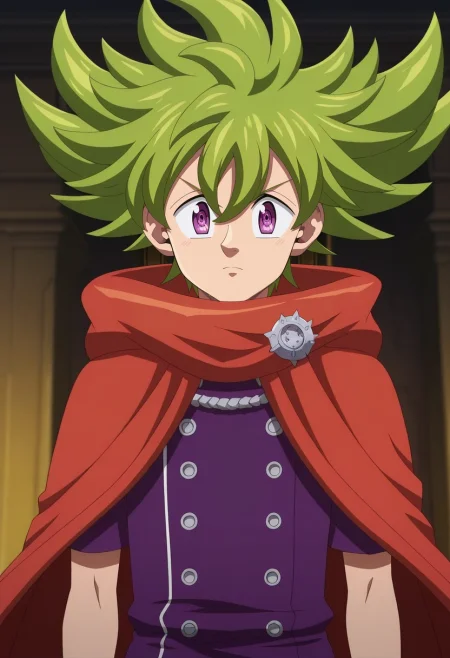 masterpiece, best quality, intricate details, anime screencap, anime coloring, official style, looking at viewer, 1boy, solo, male focus, <lora:percival_nnt_mny_ilxl:0.9>, percival_nnt_mny, green hair, purple eyes, spiked hair, hair between eyes, bangs, ,