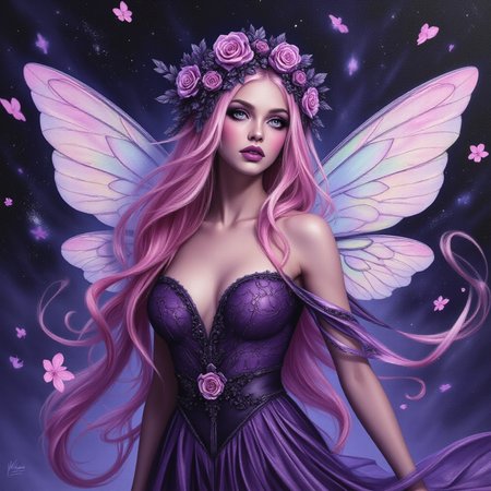 oil painting portrait in the style of Alex Ross, a boujee fairy, with large iridescent wings, with long, wavy pink and silver hair cascading down her shoulders. gorgeous eyes, with dark, dramatic purple eyeshadow and long, thick lashes. Her lips are painted a deep purple, She wears a purple spring dress with intricate patterns and a dark veil adorned with delicate purple and pink flowers. blossoms fall gently in the background, creating a mystical and ethereal atmosphere. starry bg  <lora:Detailer2K:0.40> <lora:Dever_Flux_Enhancer:0.50>  <lora:Midjourney_-_SemiReal_Dreams_FLUX_LoRA:0.45> <lora:rendered_face_test:0.45> <lora:TEST_1:0.50>  <lora:OBååå®èåç»V2.0 semi realistic colored pencil potrait:0.55>  <lora:alex_ross_style_flux_v2e:0.65> <lora:Flux.Daddario:0.45> <lora:JessicaAlbaV1:0.45>