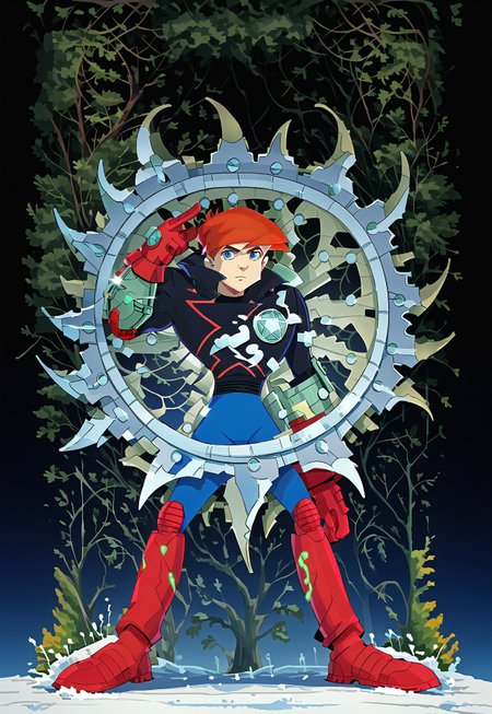 score_9, score_8_up, score_7_up, dynamic pose, full body shot, full body, source_anime, masterpiece, best quality, 1boy, James Rogers, Blue Eyes, Red Hair, Hero Costume, Black Jacket, Blue Pants, Red Gloves, Red Boots and Kneepads, one mechanical bracer, single bracer, bracer on left arm,  Transparent Shield. easynegative, ng_deepnegative_v1_75t, negative_hand, verybadimagenegative_v1.3, dark, chiaroscuro, low-key, pam-flwr, dark, chiaroscuro, low-key,  easynegative, Expressiveh, thick outline, white outline