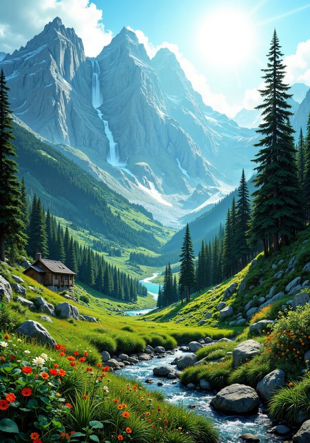 Sweeping aerial view, vibrant panorama: rugged mountain peaks, serene valley meadows, sparkling rivers, ancient verdant forest. Intimate close-up, dew-drenched leaves, delicate wildflowers, intricate textures. Dramatic low-angle composition, towering trees, majestic rock formations. Dynamic tracking perspective, cascading waterfalls, arid desert dunes, glistening coastal cliffs under radiant sky. Rich natural gradients, emerald, sapphire, amber hues, meticulous textures, soft atmospheric glow, intricate lighting, high-detail 8k clarity, masterpiece quality. Diverse natural landscapes, spatial composition, harmonious integration of alpine majesty, inland oasis, coastal brilliance, forest mystery, desert allure, and mountain strength. <lora:FluxMythP0rtr4itStyle:0.2> <lora:UkiyoFusion-FLUX:0.5> <lora:Niji V2B:0.1> <lora:flux_dev:1>