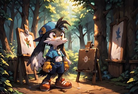 score_9, score_8_up, score_7_up, score_6_up, score_5_up, score_4_up, <lora:Klonoa_Character_PonyXL:0.8> ,  Klonoa, two long ears, fur, anthro, Klonoa, g5, rich colors, forest operations, forest, thicket, communal appearance , presents a painting of rabbits and pony, aroused, front view, detailed background, detailed, 8k quality, side view, beautiful, teasing, easel and brushes, leaned to the floor, freely actions,