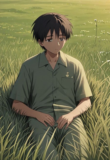 high resolution, solo, best quality, 1Boy, Takaki Toono, Brownish Hair, Brown Eyes, sleep, nap, grass, meadow hills, wind breeze, OverallDetail
