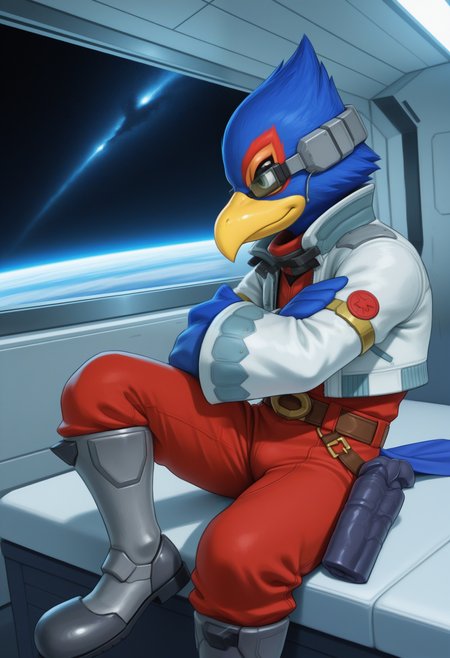 masterpiece,best quality, amazing quality, 1boy, solo, ,f4lc0, bird boy, brown belt, green scouter, grey headset, purple holster, red jumpsuit, silver armored boots, tail, white jacket, sitting,

 space, space ship, bedroom,