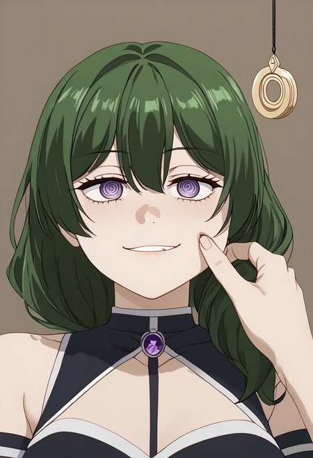 Ubel being hypnotized,
score_9, source anime, lewd, 1girl,
mind control, hypnotized, spiral eyes, blank stare, half lidded eyes, expressionless, slack jaw, (hypnotic pendulum in face), drooling, small smile,
cheek pinching, pov hands, ((pov holding pendulum)),
ubel, green hair, bangs, hair between eyes, side ponytail, purple eyes,