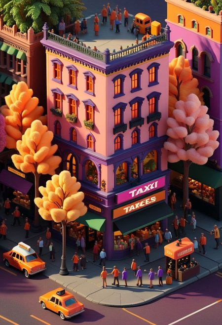 ispzxll, diorama, isometric, miniature, vintage busy street corner scene, halloween, costumes, golden hour, pink orange purple long shadows, volumetric lighting style, pedestrian crowds, parked cars, traffic light, storefronts, taxi cab, trash can, massive trees, epic architecture, intricate details, potted plants, ultra-detailed, 8k, fluffy clouds and setting sun in background