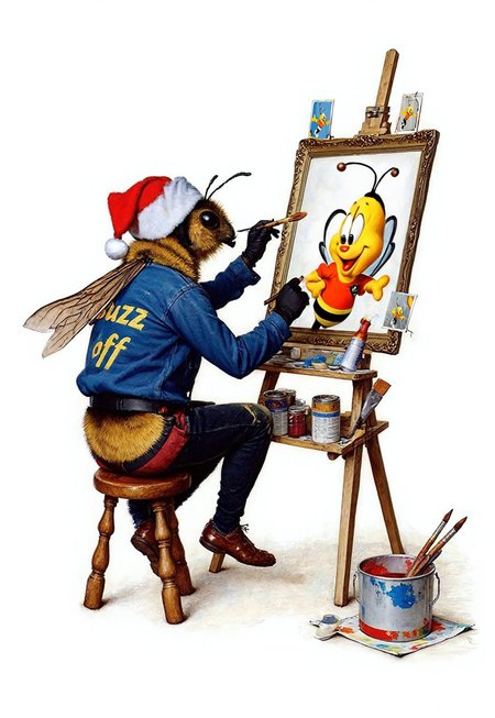 The image is of a black and yellow bumble bee, sitting on a stool in front of an easel. The bumble bee is holding a paintbrush and appears to be in the process of painting a portrait of himself. The bumble bee is wearing a red and white Christmas hat and blue shirt with the words, “Buzz off” written on the back in bright yellow words. The bee is sitting on the stool with his back and stinger pointing to the camera. On the easel, there is a large portrait of the bee’s face, which is drawn in black and white. The portrait is framed in a gold-colored frame and is surrounded by various art supplies such as paintbrushes, paint cans, and a bucket of paint. There are also several smaller portraits hanging on the wall behind the bee. The background is white, and the overall mood of the image is one of concentration and focus.

**BuzzBee (Honey Nut Cheerios Mascot) was done via inpainting through Fooocus**