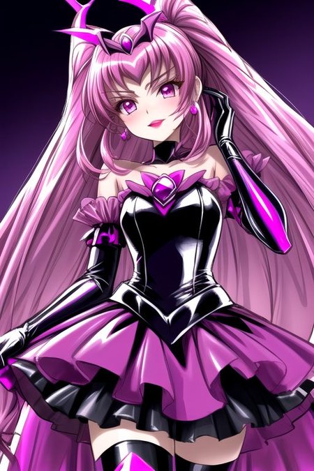 evil corrupted young princess wearing dark pastel (ruffled:1) (gleaming latex:1) EvlSM DarkPrecure Bad_End_Precure gown with (long latex cape:1) and latex elbow bridal gauntlets, (Perfect Face:1), soft lighting, glossy red lips, ruffles,