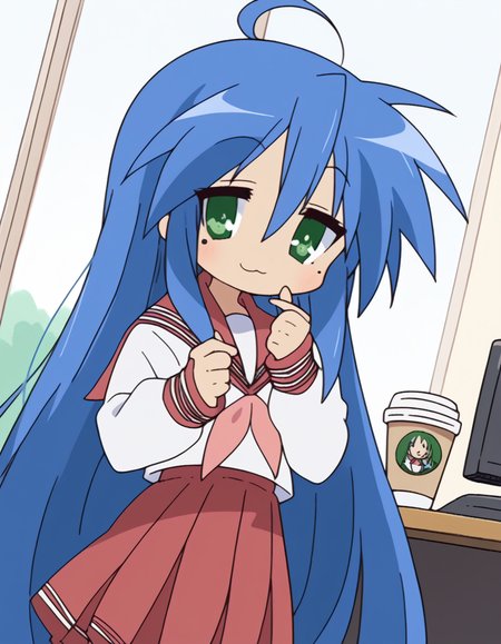 score_9, score_8_up, score_7_up, source_anime, <lora:konata-izumi-s1-ponyxl-lora-nochekaiser:1>, konata izumi, long hair, very long hair, green eyes, blue hair, ahoge, mole, mole under eye,, skirt, long sleeves, school uniform, pleated skirt, serafuku, sailor collar, neckerchief, red skirt, ryouou school uniform,, home office, working from home, computer screen, coffee cup, focus, deadline, , <lora:finger-heart-ponyxl-lora-nochekaiser:1>, finger heart, heart, blush, smile,, looking at viewer, solo,, dutch angle, cowboy shot
