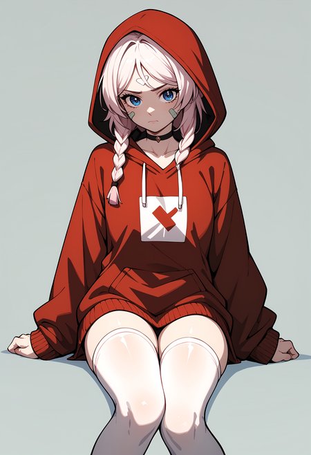 (score_9, score_8_up, score_7_up), 1girl, citlali, red hoodie, bandaid, white thighhighs, simple background, closed mouth, <lora:citlali-giPO-v1c:0.9>