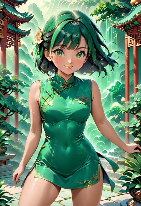 score_9, score_8_up, score_7_up, score_6_up, 1girl, petite body, 19yo beatifull, chinese girl, wearing green Cheongsam , fighting stance,  cute , shy, smile, background: chinese temple made out of jade, detailed background,  refreshing, dynamic lighting, dramatic and magical,