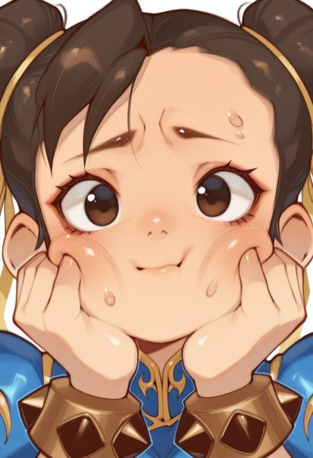 04N1M3R3style, masterpiece, best quality, solo,                                                                                      chun_li\(street_fighter\), detailed eyes, hair buns, faceshot, eyebrow raised, confused, looking at viewer, peering close, cheeks puffed out, poking both of her own cheeks