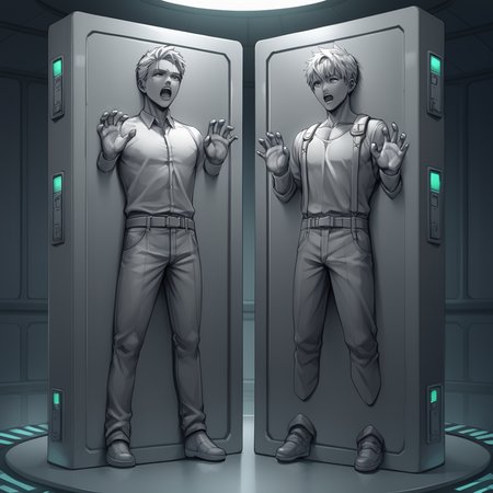 score_9,score_8_up,score_7_up,source_anime,carbon freeze,2boys,multiple_boys,open mouth,male focus,indoors,restrained,science fiction,cyberpunk,machine,machine smooth,calves stuck,feet stuck,controller,solid eyes,arms stuck,hands up,open hands,<lora:Carbonite_V1-1_pony-000010:1>,carbon freeze chamber,shirt,pants,grey skin,grey theme,