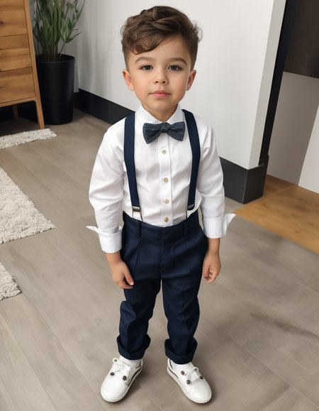 A cute boy wearing dressy pants with a matching shirt, comfortable but stylish shoes, with bow ties for the boys, realistic photo, <lora:add-detail-xl:1>
