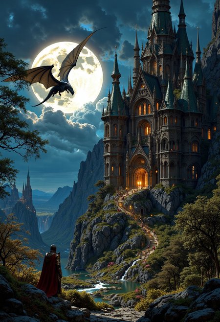 mystical land, knight's castle, watercolor, magical, dreams, fantasy, double exposure, tiny details,extremely detailed, flying dragon, midnight, full moon, Vibration colors, 4K, main motif in the picture on the right, fog