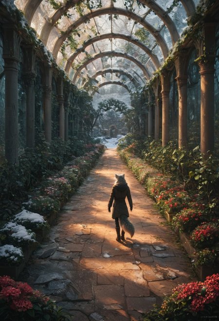 score_9, score_8_up, score_7_up,  fullbody, 1girl, furry, anthro, gray fur, wolf tail, wolf, solo, fullbody, backview, looking arround in wonder, masterpiece, best quality, very aesthetic, close up, gray hair, gray twin braids, green eyes, standing in the ruins of botanic garden with glass ceiling, overgrown, trees, frozen flowers, plants,  broken glas, snow patches ray of light, dark sky, low light, white snow, (postapocalyptic city), d, dark, worried, concerne, ragged winter clothes