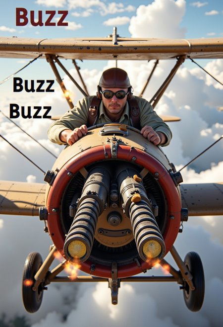 WW1 Fokker biplane, flying above the clouds, close-up on the pilot, goggles, leather fly cap, front view of the plane, twin machine guns focus, firing, visible flying text around "buzz Buzz Buzz buzz", aidmatextimprover
