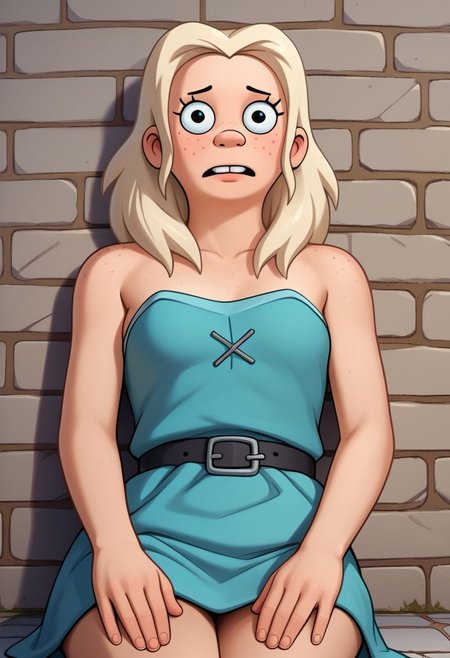 score_9, score_8_up, score_7_up, score_6_up, score_5_up, score_4_up, rating_questionable, Tiabeanie, laying on a stone floor,.sexy pose, cartoon, exposed shoulders, freckles, fFaceDetail, OverallDetail,.buck teeth