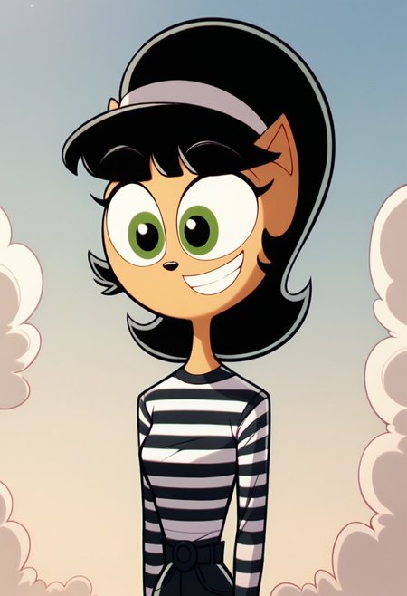 score_9, score_8_up, score_7_up, score_6_up, score_9, score_8_up, score_7_up, score_6_up, BREAK, kitty, green eyes, black hair,1girl, green eyes, black hair, solo, striped shirt, shirt, striped clothes, smile, sky, upper body, pointy ears, cloud, long sleeves, hairband, grin