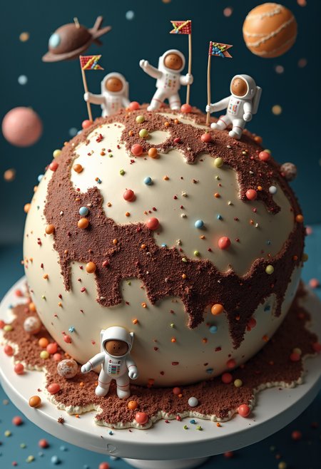A hyper-realistic depiction of a colossal cake shaped like a planet, with tiny astronauts and spaceships orbiting around it. The surface of the cake is intricately detailed with icing mountains, rivers of molten chocolate, and colorful sprinkles resembling alien vegetation. The astronauts are exploring the cake, planting flags made of candy. Some spaceships are landing on whipped cream peaks, while others are flying through sugar clouds. The lighting is soft, creating a magical, playful atmosphere in this surreal, otherworldly scene.