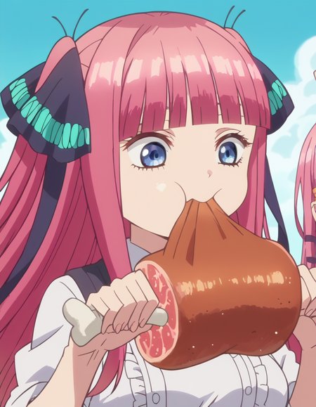 score_9, score_8_up, score_7_up, source_anime, <lora:nino-nakano-s1-ponyxl-lora-nochekaiser:1>, nino nakano, long hair, bangs, blue eyes, hair ornament, hair ribbon, pink hair, blunt bangs, two side up, butterfly hair ornament, large breasts, anime screencap, <lora:boned-meat-ponyxl-lora-nochekaiser:1>, boned meat, holding, food, eating, holding food,, ,