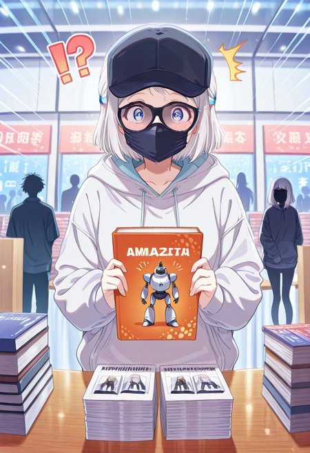 1girl, solo, gakumas, silhouette, lilja, silver hair, medium hair, sunglasses, celebrityunderdisguise, table, hoodie, (looking at viewer), wide eyed, !?, ^^^, sweat, emphasis lines, holding book, convention, straight-on, (book stack:0.8), robot, masterpiece, best quality, amazing quality,