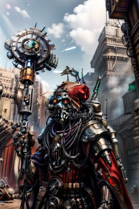 ((masterpiece,best quality)), absurdres, BREAK
mechanical arms, robes, hood, BREAK
((techpriest)), cyborg, mechanical face, mechanical limbs, gas mask, mechanical tentacles, (mechanical backpack), red cloak, BREAK
1other, solo, holding axe, weapon, axe, BREAK
(cyber_africa),