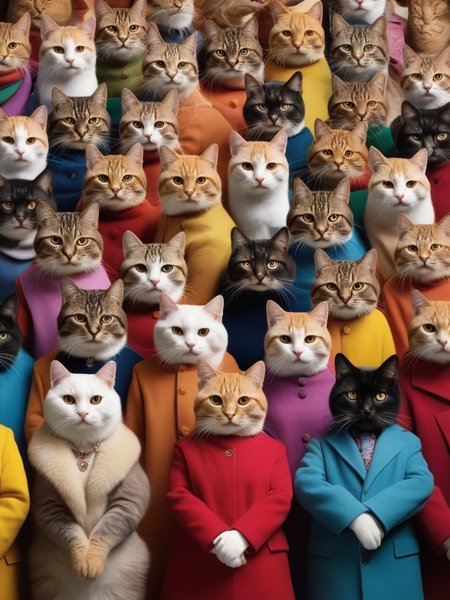 A parallel world where only cats evolved, crowd of cats wearing various clothings, hyper details, rich colors, photograph
