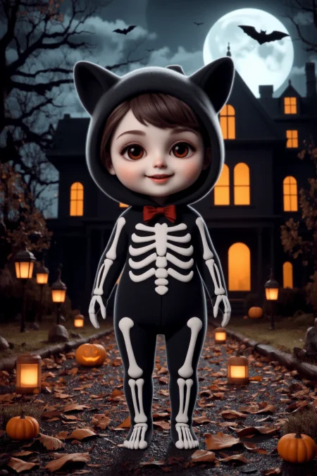 cute, halloween night, horror, (bats), moon in the sky, portrait, (standing:1.2),  happy smiling, red eyes,(very detailed), best quality,  sharp focus, Sheffield Gray skeleton bodysuit, glowing lanterns, retro Halloween, wind blowing leaves through the street, haunted mansion windows lit up, ethereal lights, backlight, shadows, high contrast, hdr, <lora:Anti-Blur:0.8> <lora:Hand v2:0.8> Detailed hand, Hand, Perfect hand <lora:aidmaImageUpgrader:0.8> aidmaimageupgrader  <lora:PinkieChibiHalloweenFLUX:0.8> pinkchibihalloween