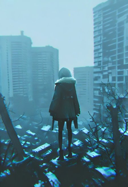 1girl, ruins, solo, chromatic aberration, building, from behind, fur trim, outdoors, standing, post-apocalypse, jacket, holding, overgrown, rubble, coat, gun, facing away, pantyhose, hood, hood down, city, long sleeves, weapon, blue theme, holding gun <lora:748cmXL_NBVP1_lokr_V6311P:0.95>