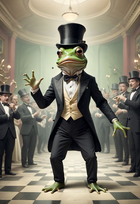 A surreal mind image of a frog dancing in a musical movie, wearing a top hat and tuxedo