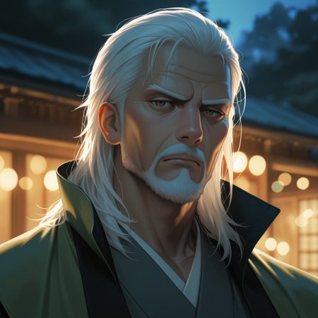 masterpiece, best quality, amazing quality, absurdres, newest, detailed background, definition so sharp, Ultra-HD, 8K cinematic, very awa, impressionate, amazing quality, highres, 
solo, male focus, manly, mature male, bara, bokeh, night, warm light, blurry background, outdoor, 
1boy, old man, long hair, facial hair, lieutenant_white hair, lieutenant_brown eyes, daikakukokujouji, haori, hakama, serious face, calm face, looking at viewer