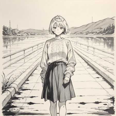 (masterpiece, newest, high quality, best quality, very awa, very aesthetic, sketch), Esoper_style, 1girl, short hair, standing, skirt, sweater, outdoors, depth of field, 8k uhd, absurdres, tack sharp focus, beautiful composition, professional illustration, traditional media, monochrome, ink (medium)