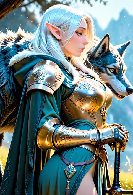 SmoothNoob_Quality, 1girl, mature, solo, elf pointy ears, armor, wolf, hood, blurry background, blurry, half-closed eyes, grey eyes, white hair, from side, profile, engraved armor, intricate armor, breastplate, hood down, animal, cape, shoulder armor, lips, weapon, gauntlets, cloak, cowboy shot,  <lora:SLE_v2:0.2> <lora:Smooth_Booster_v3:0.5> <lora:All_Disney_Princess_-_Illustrious:0.3> <lora:IncaseStyle_NoobAI:0.25>